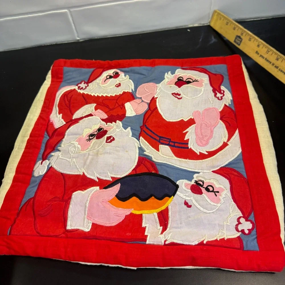 Vintage Pillow Case Home Decor 15x15 Red Retro Applique Santa Claus Christmas‎